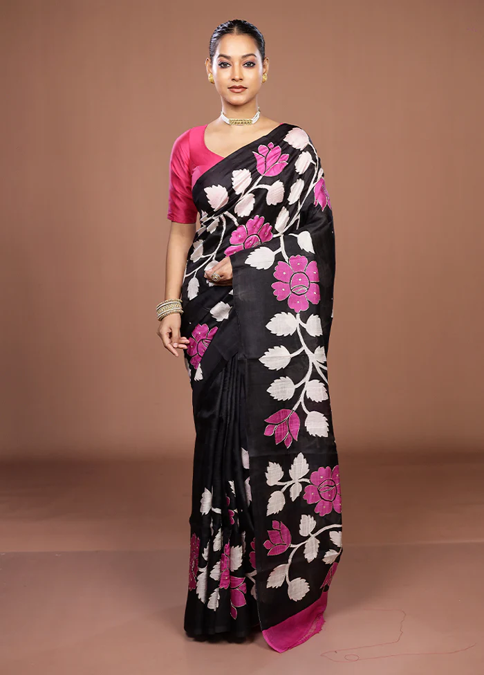 Black Handloom Tussar Pure Silk Saree With Blouse Piece - Image 2