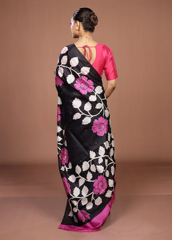 Black Handloom Tussar Pure Silk Saree With Blouse Piece - Image 3