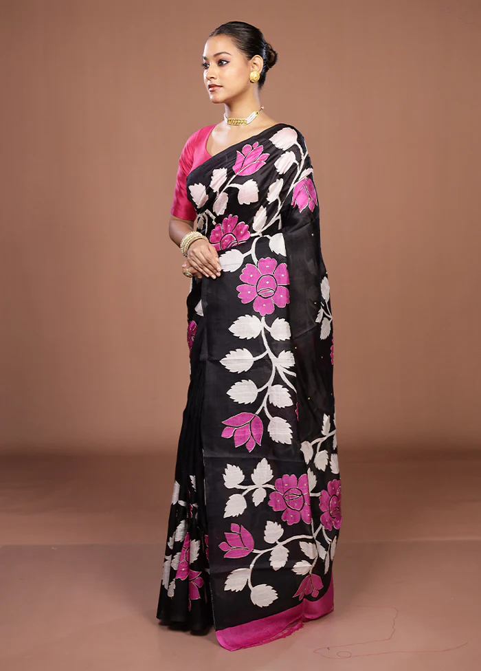 Black Handloom Tussar Pure Silk Saree With Blouse Piece - Image 4
