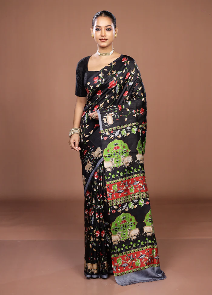 Black Handloom Tussar Pure Silk Saree With Blouse Piece - Image 2