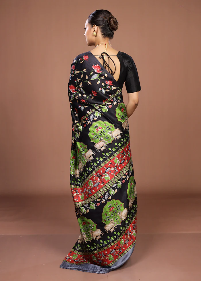Black Handloom Tussar Pure Silk Saree With Blouse Piece - Image 3