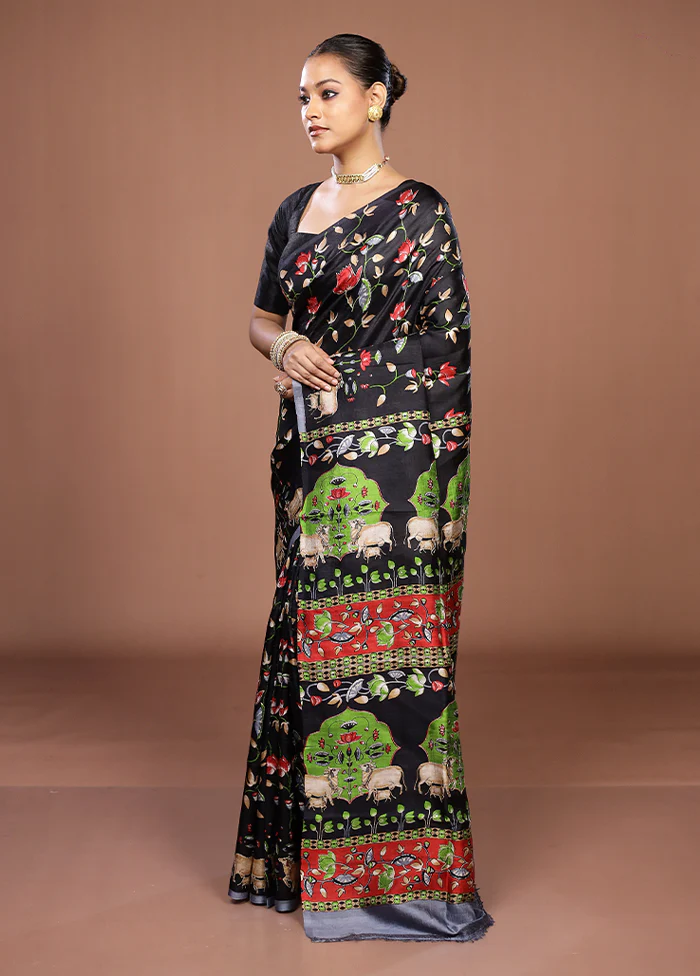 Black Handloom Tussar Pure Silk Saree With Blouse Piece - Image 4