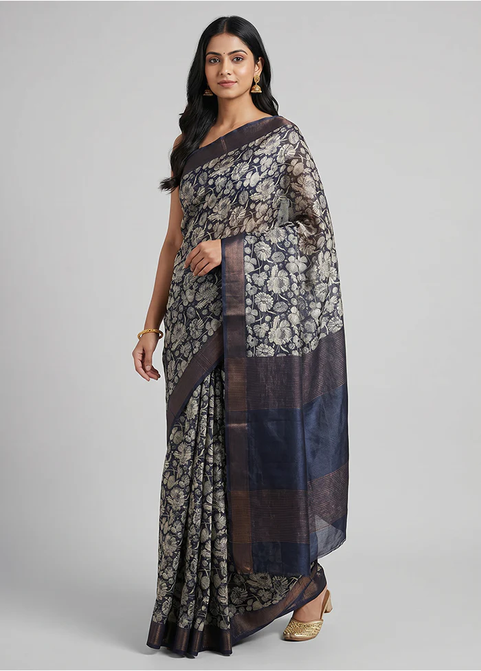 Black Handloom Tussar Pure Silk Saree With Blouse Piece