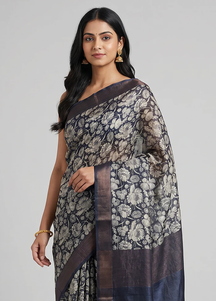 Black Handloom Tussar Pure Silk Saree With Blouse Piece - Image 2