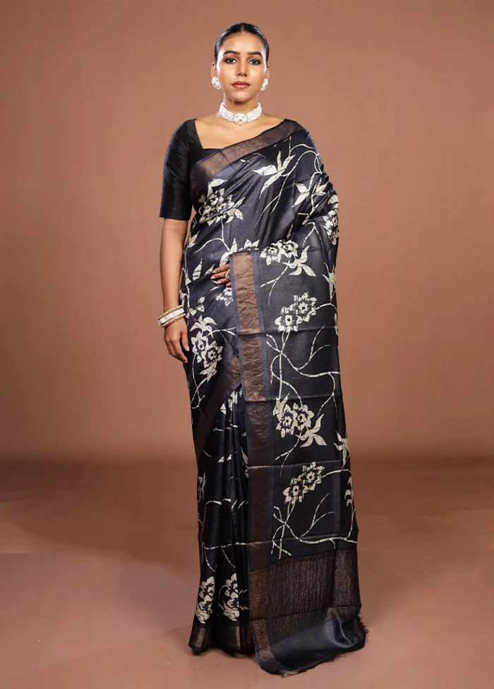Black Handloom Tussar Pure Silk Saree With Blouse Piece - Image 2