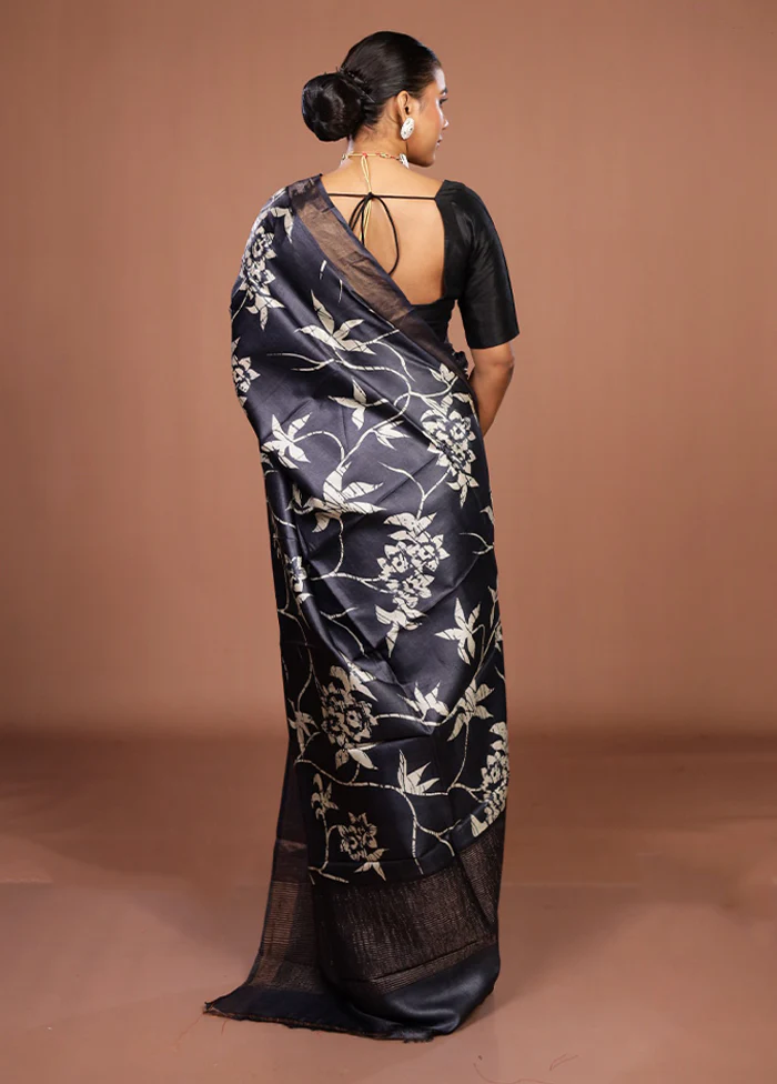 Black Handloom Tussar Pure Silk Saree With Blouse Piece - Image 3