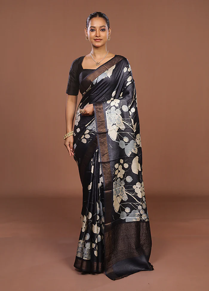 Black Handloom Tussar Pure Silk Saree With Blouse Piece - Image 2
