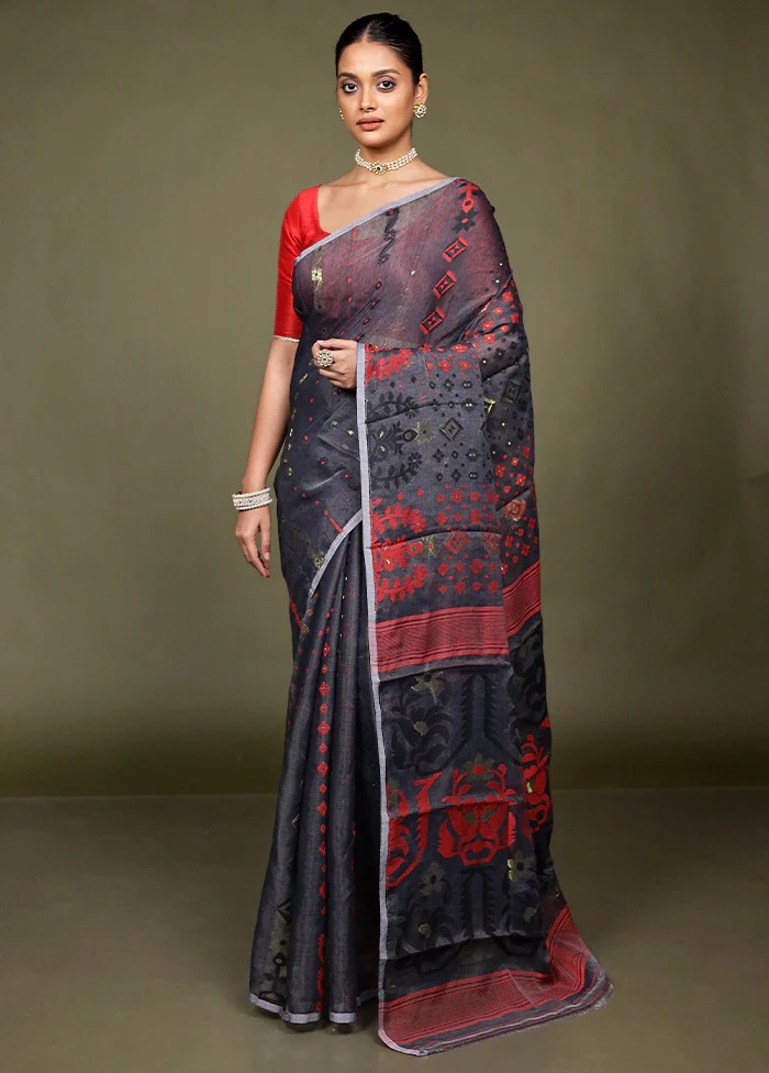 Black Tant Jamdani Saree Without Blouse Piece - Image 2