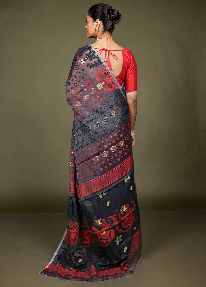 Black Tant Jamdani Saree Without Blouse Piece - Image 3