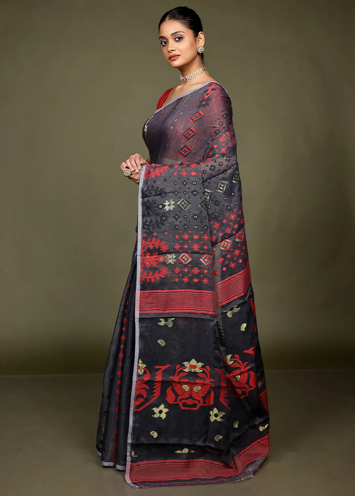 Black Tant Jamdani Saree Without Blouse Piece - Image 4