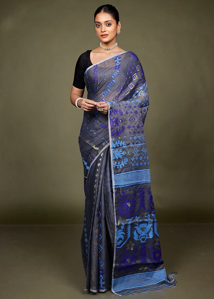 Black Tant Jamdani Saree Without Blouse Piece - Image 2