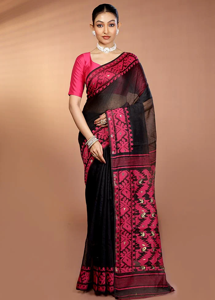 Black Tant Jamdani Saree Without Blouse Piece - Image 2