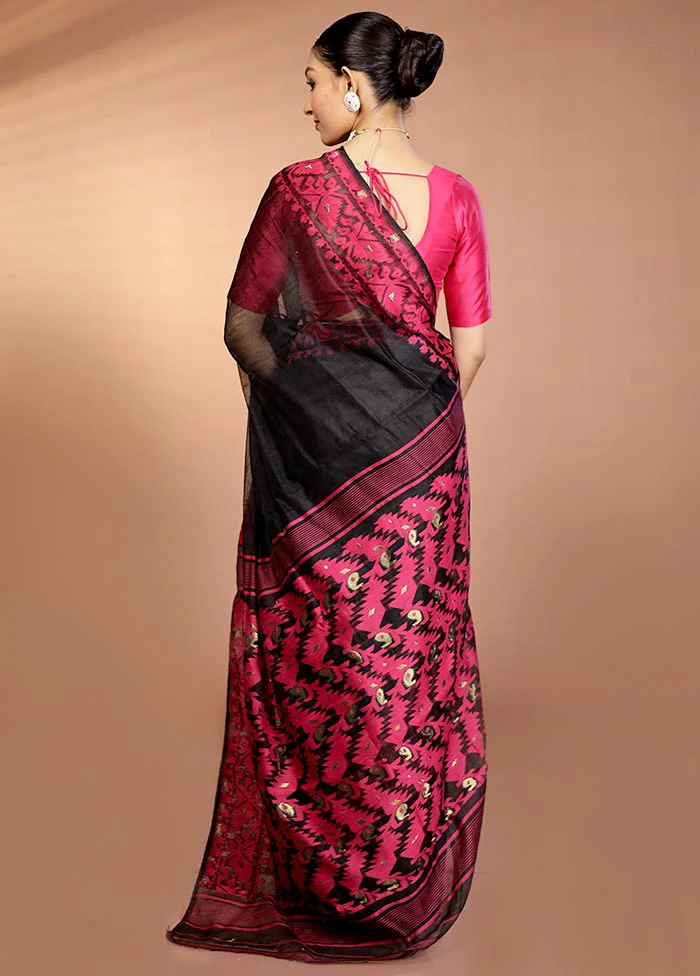 Black Tant Jamdani Saree Without Blouse Piece - Image 3