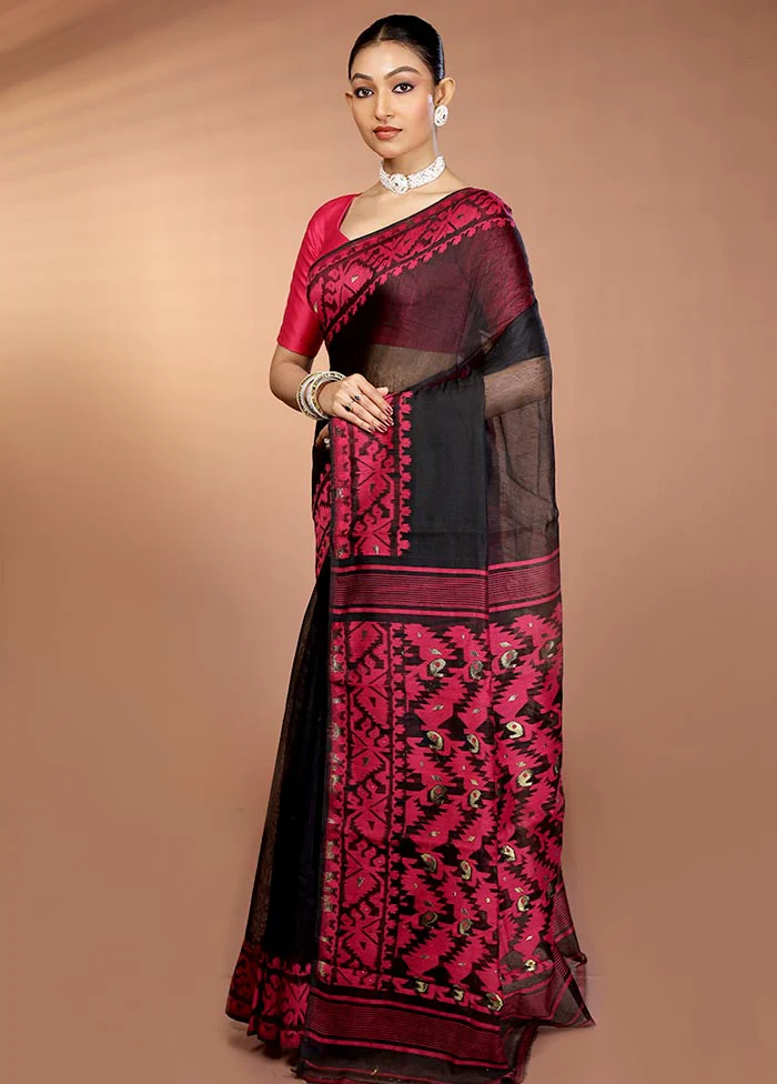 Black Tant Jamdani Saree Without Blouse Piece - Image 4