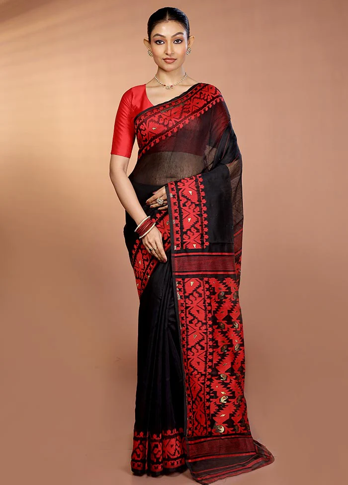 Black Tant Jamdani Saree Without Blouse Piece - Image 2