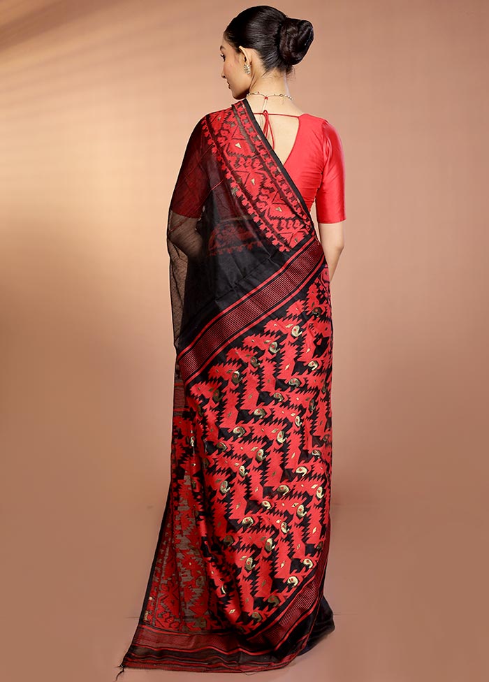 Black Tant Jamdani Saree Without Blouse Piece - Image 3