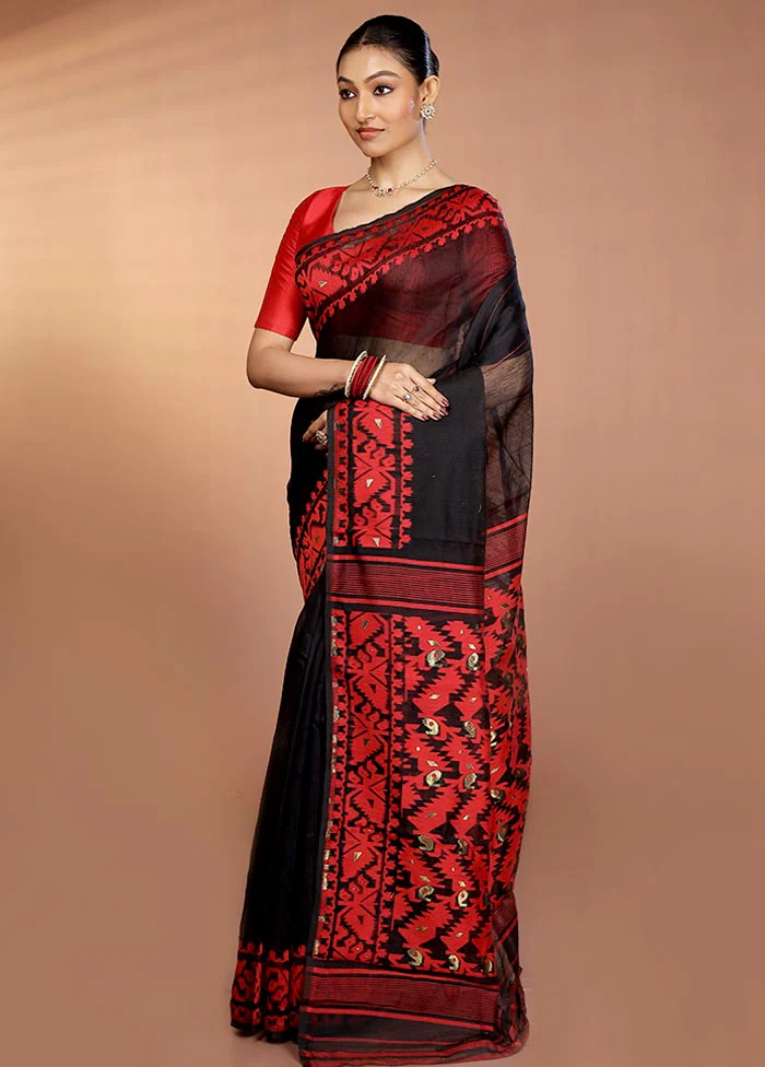 Black Tant Jamdani Saree Without Blouse Piece - Image 4