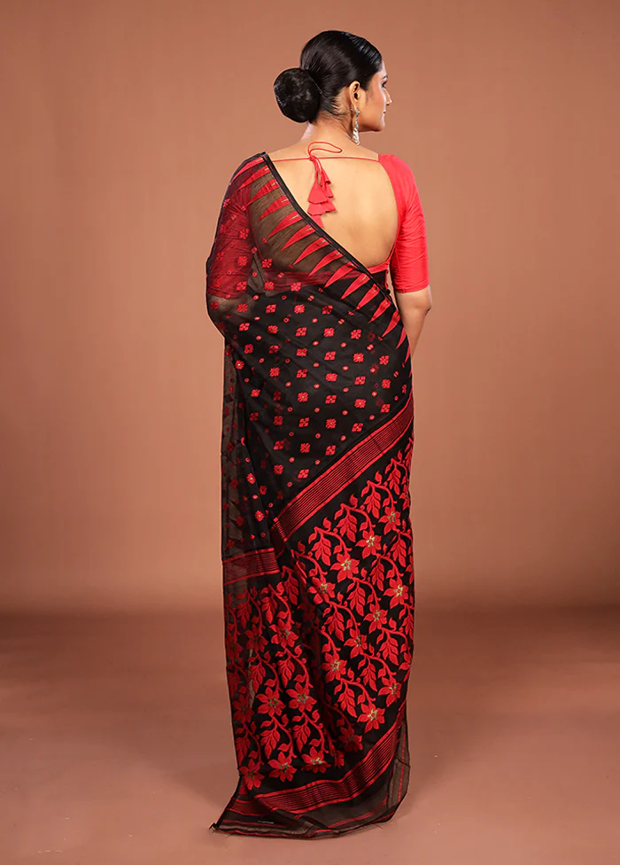 Black Jamdani Cotton Saree Without Blouse Piece - Image 3