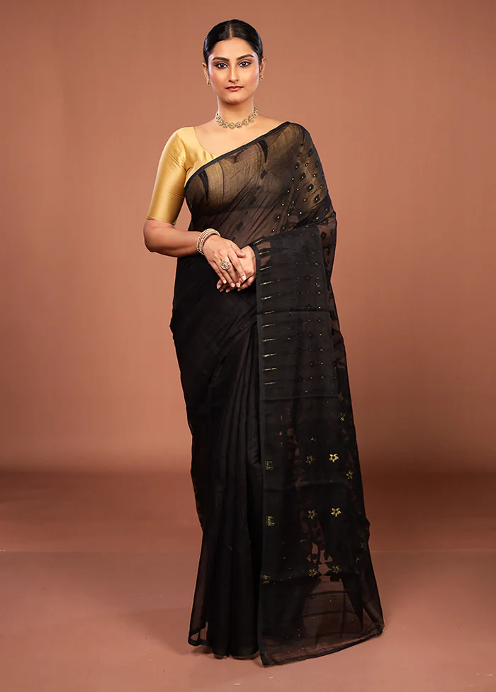 Black Jamdani Cotton Saree Without Blouse Piece - Image 2