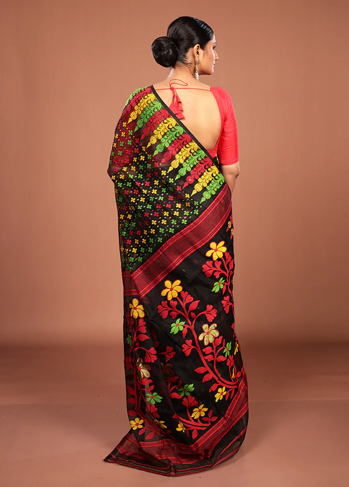 Black Jamdani Cotton Saree Without Blouse Piece - Image 3