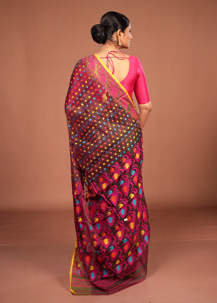 Black Jamdani Cotton Saree Without Blouse Piece - Image 3