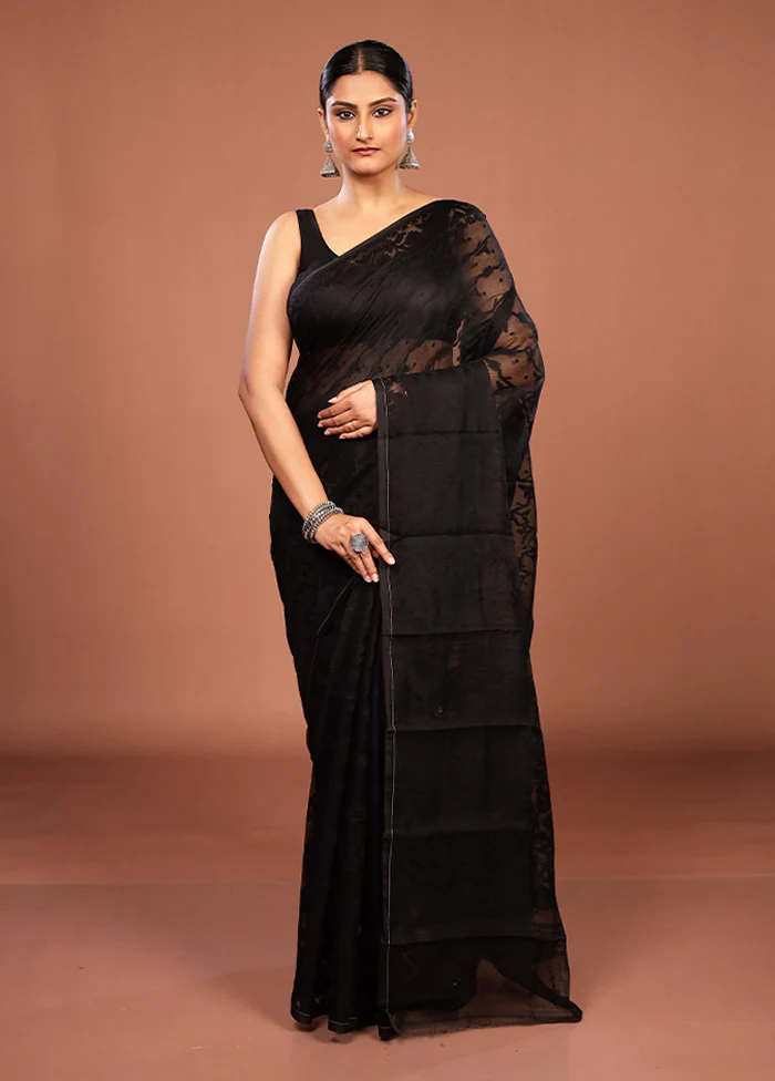 Black Jamdani Cotton Saree Without Blouse Piece - Image 2