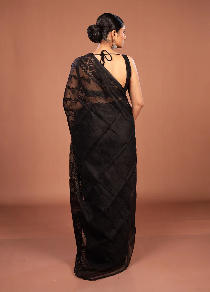 Black Jamdani Cotton Saree Without Blouse Piece - Image 3