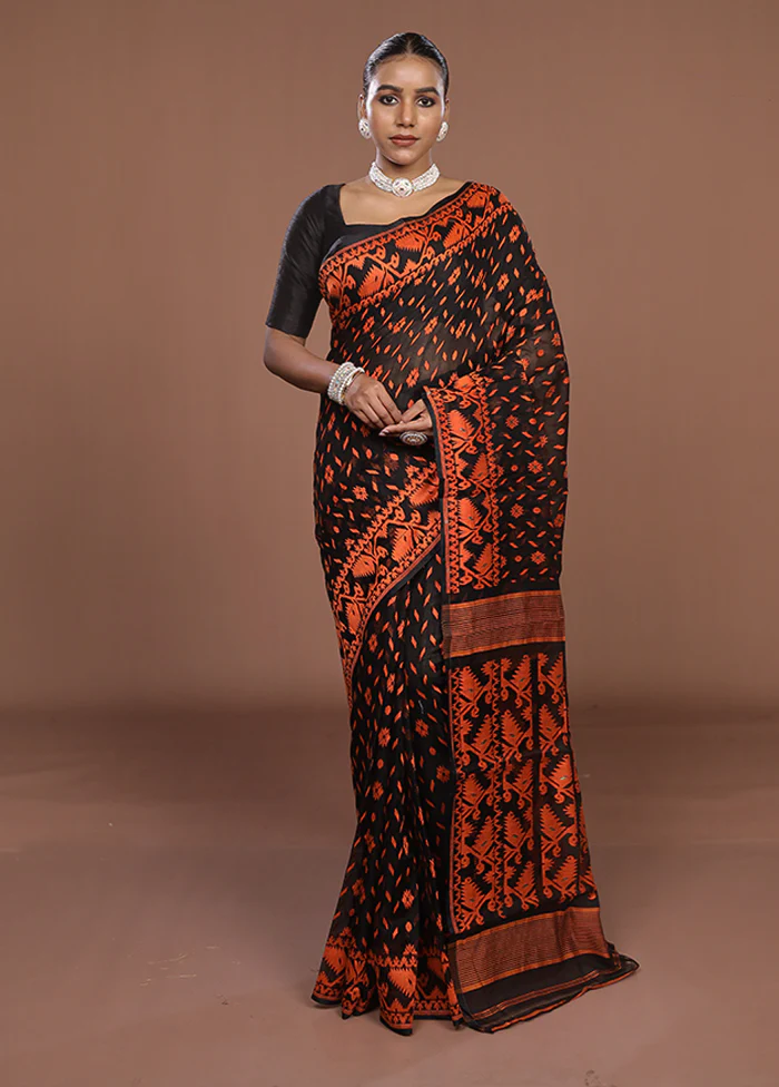 Black Jamdani Cotton Saree Without Blouse Piece - Image 2