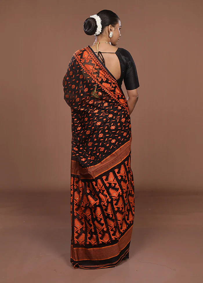 Black Jamdani Cotton Saree Without Blouse Piece - Image 3