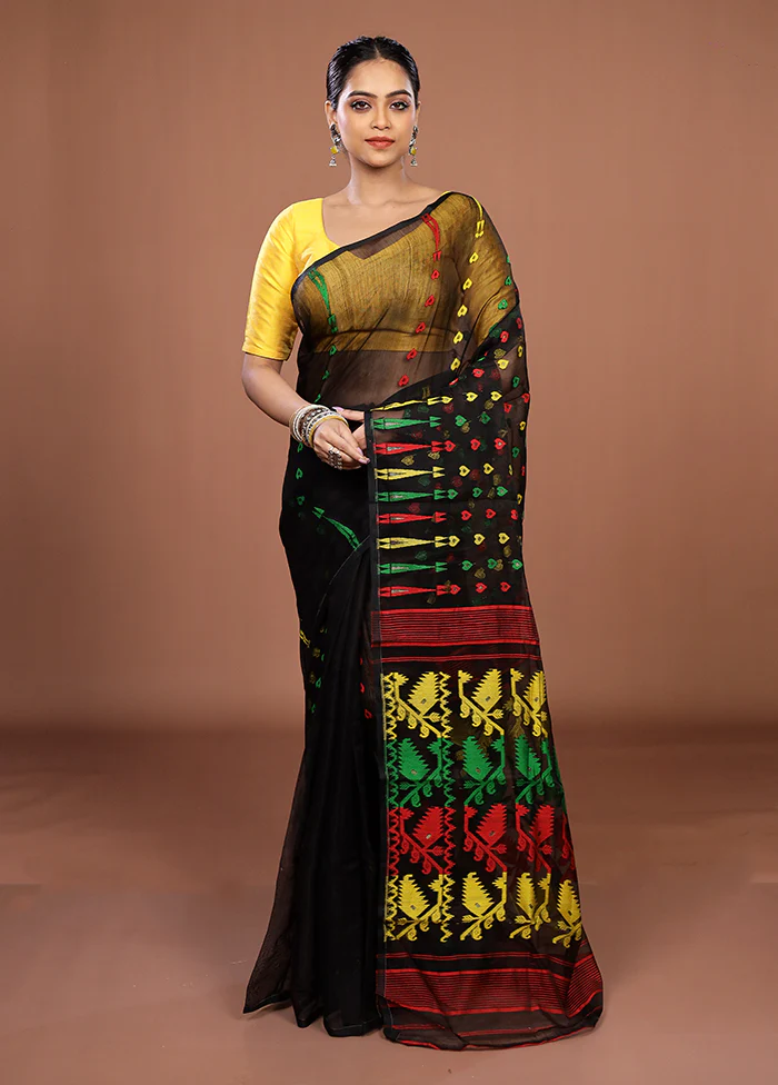 Black Jamdani Cotton Saree Without Blouse Piece - Image 2