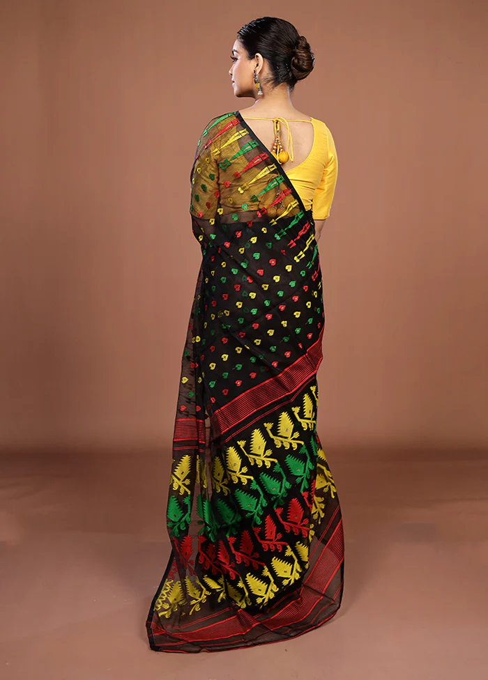 Black Jamdani Cotton Saree Without Blouse Piece - Image 3