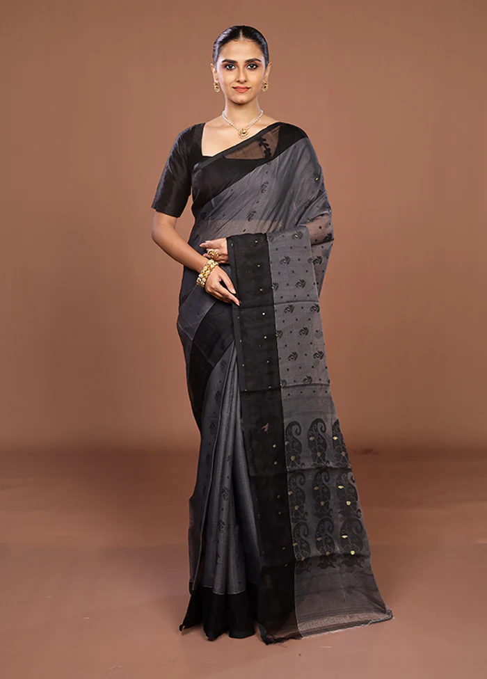 Black Jamdani Cotton Saree Without Blouse Piece - Image 2