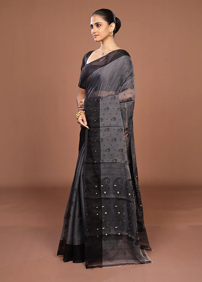 Black Jamdani Cotton Saree Without Blouse Piece - Image 4