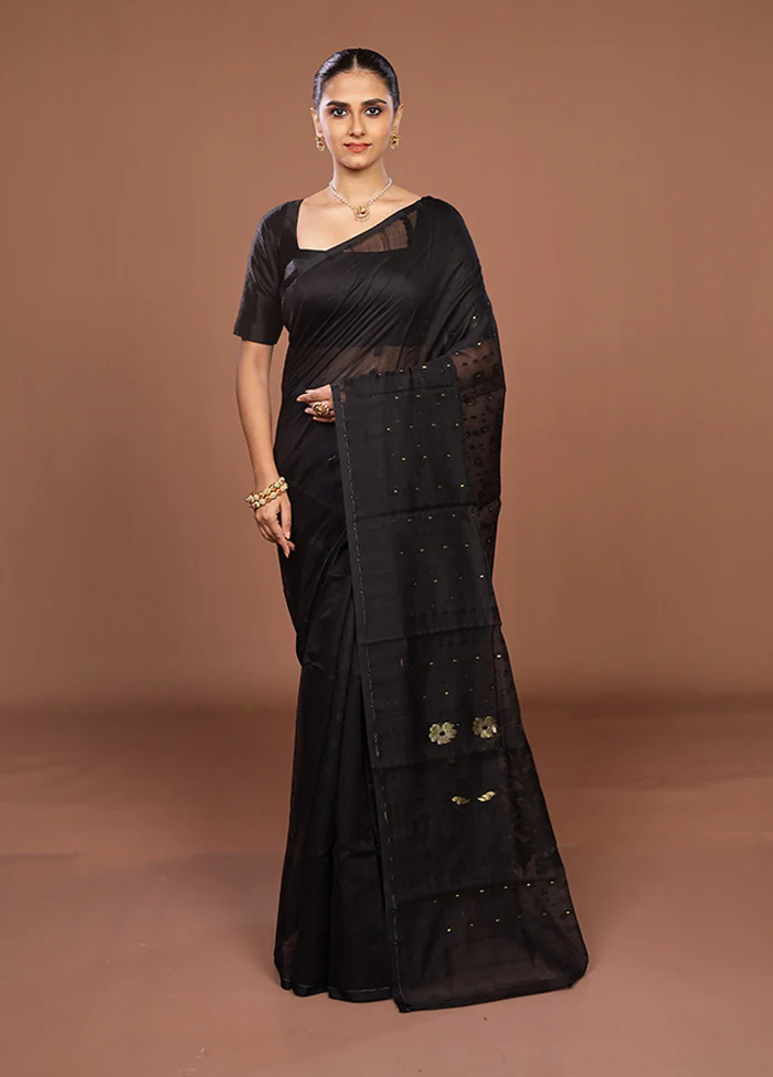 Black Jamdani Cotton Saree Without Blouse Piece - Image 2