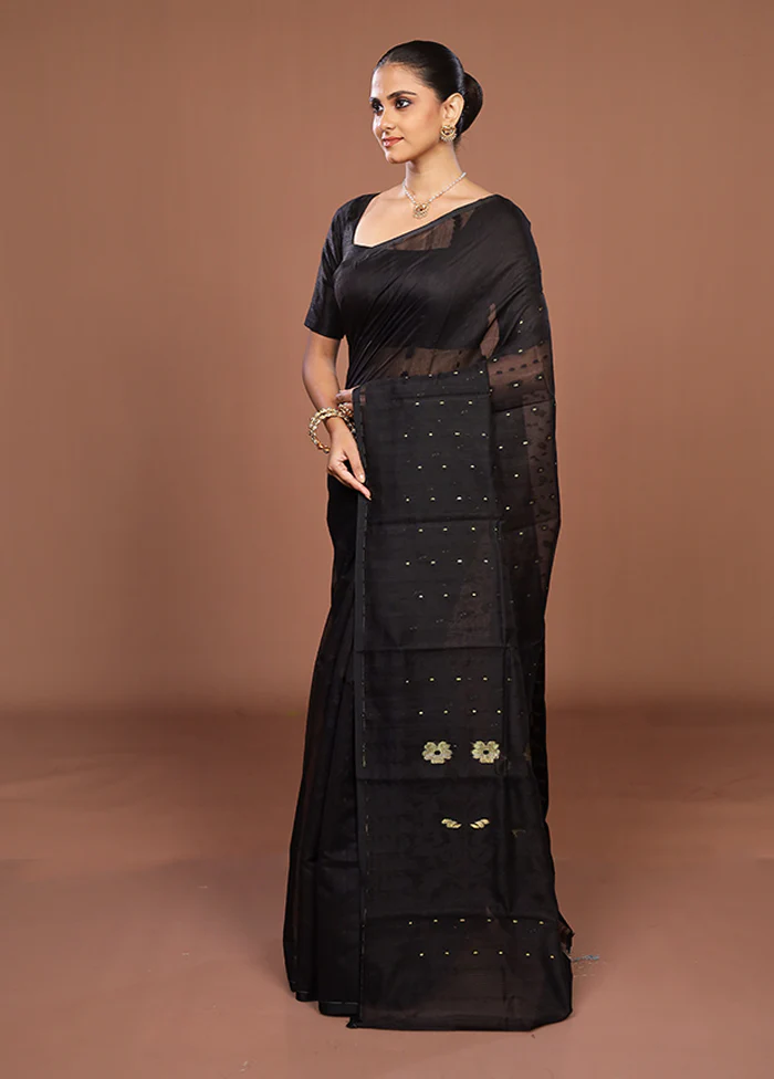 Black Jamdani Cotton Saree Without Blouse Piece - Image 4