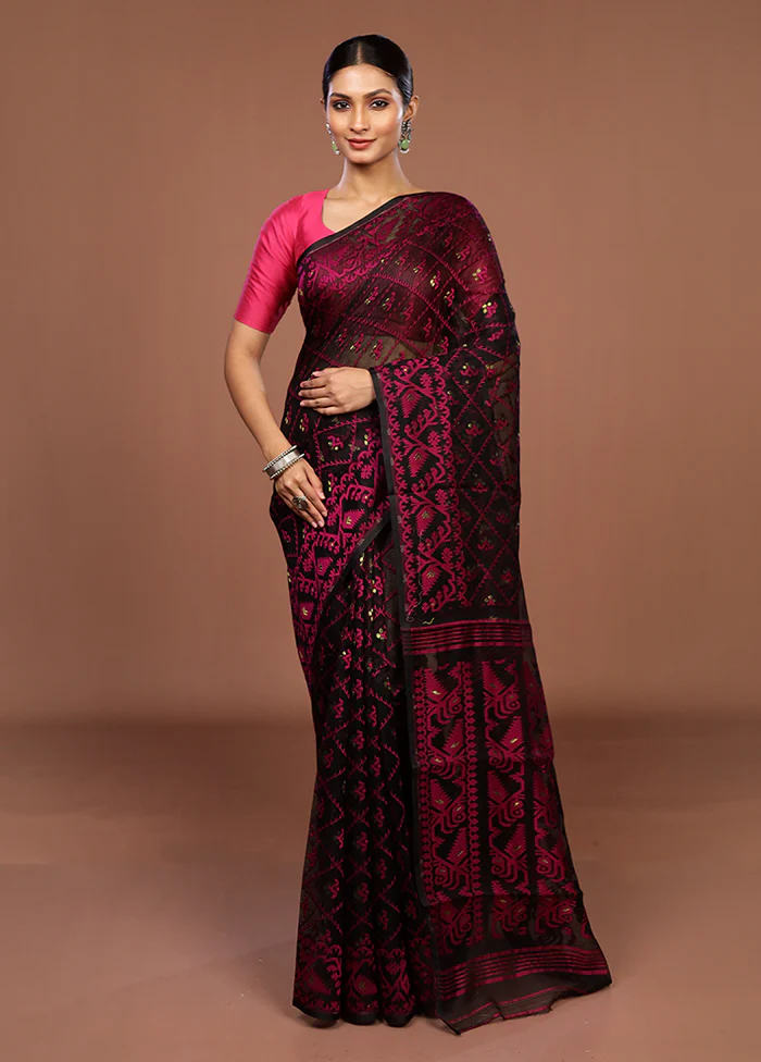 Black Jamdani Cotton Saree Without Blouse Piece - Image 2