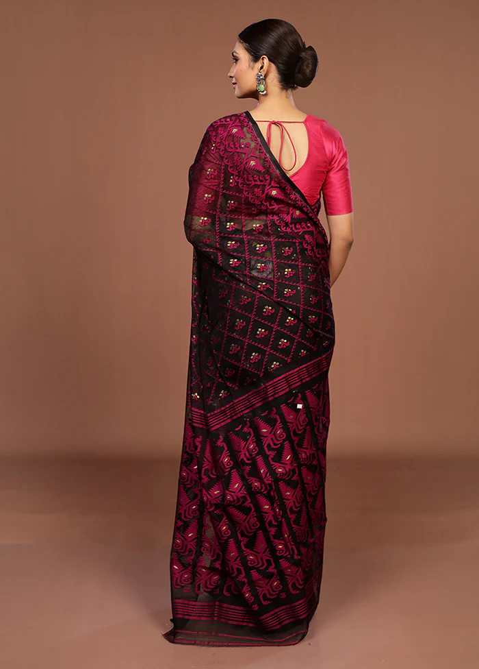Black Jamdani Cotton Saree Without Blouse Piece - Image 3