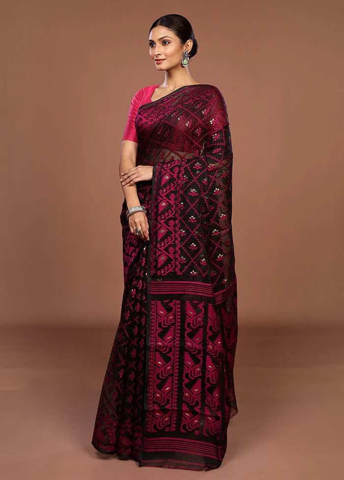 Black Jamdani Cotton Saree Without Blouse Piece - Image 4