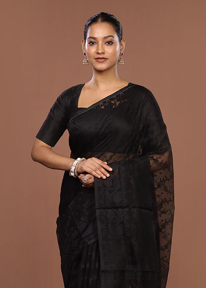 Black Jamdani Cotton Saree Without Blouse Piece