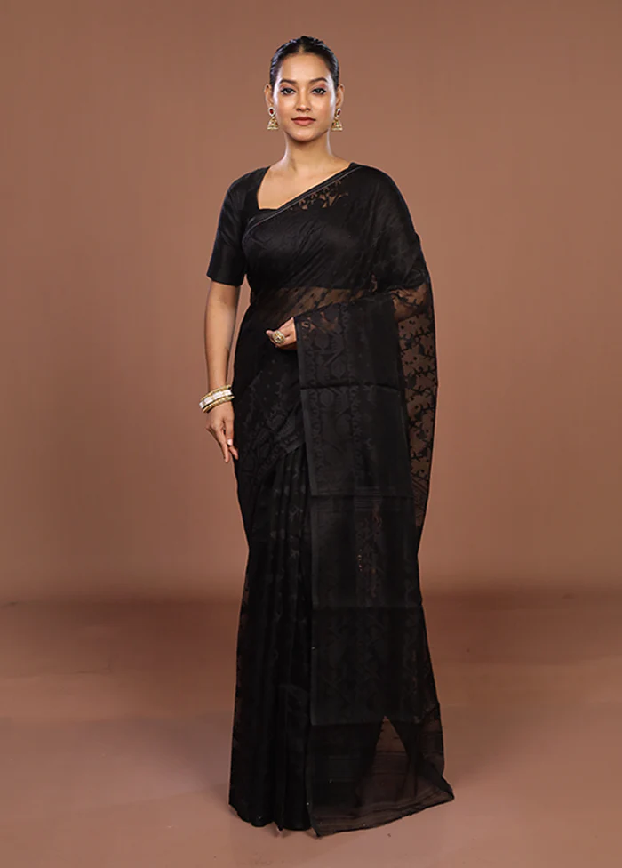 Black Jamdani Cotton Saree Without Blouse Piece - Image 2