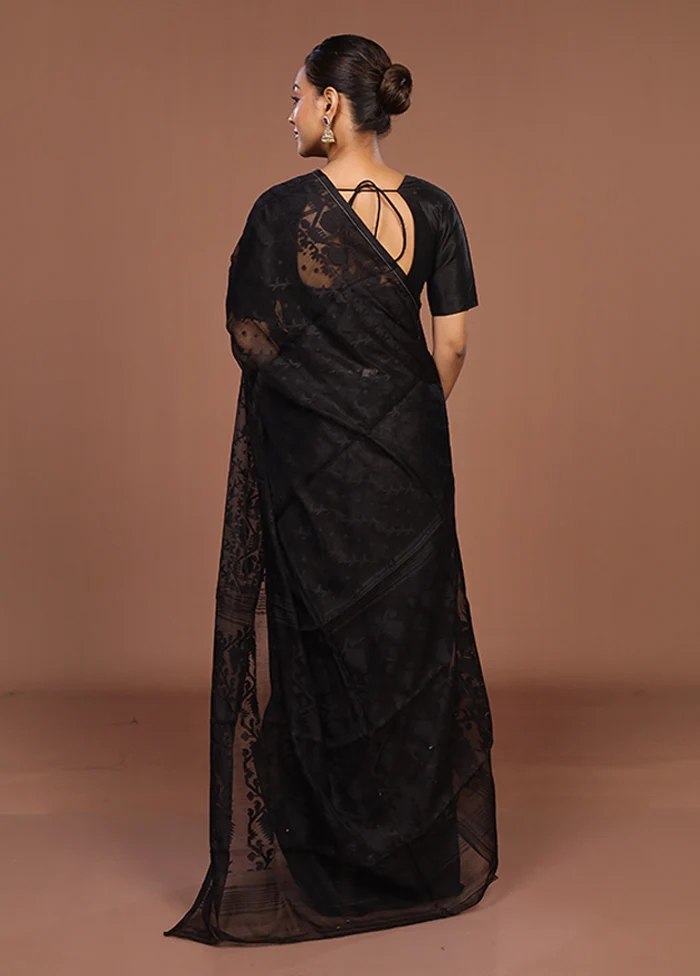 Black Jamdani Cotton Saree Without Blouse Piece - Image 3