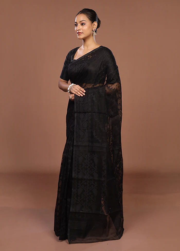 Black Jamdani Cotton Saree Without Blouse Piece - Image 4