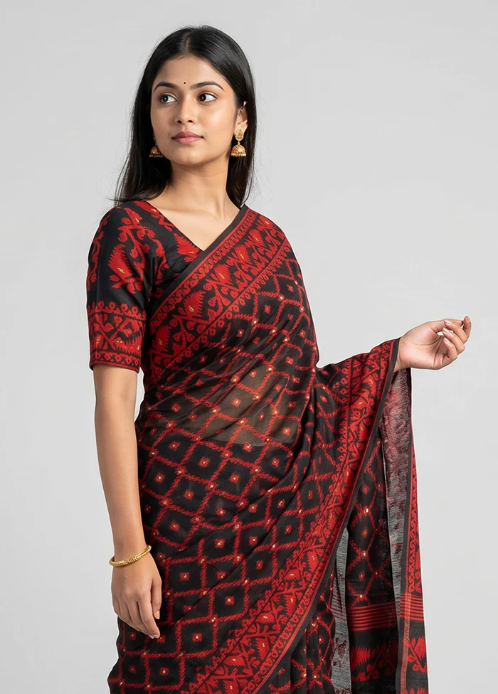 Black Jamdani Cotton Saree Without Blouse Piece - Image 2