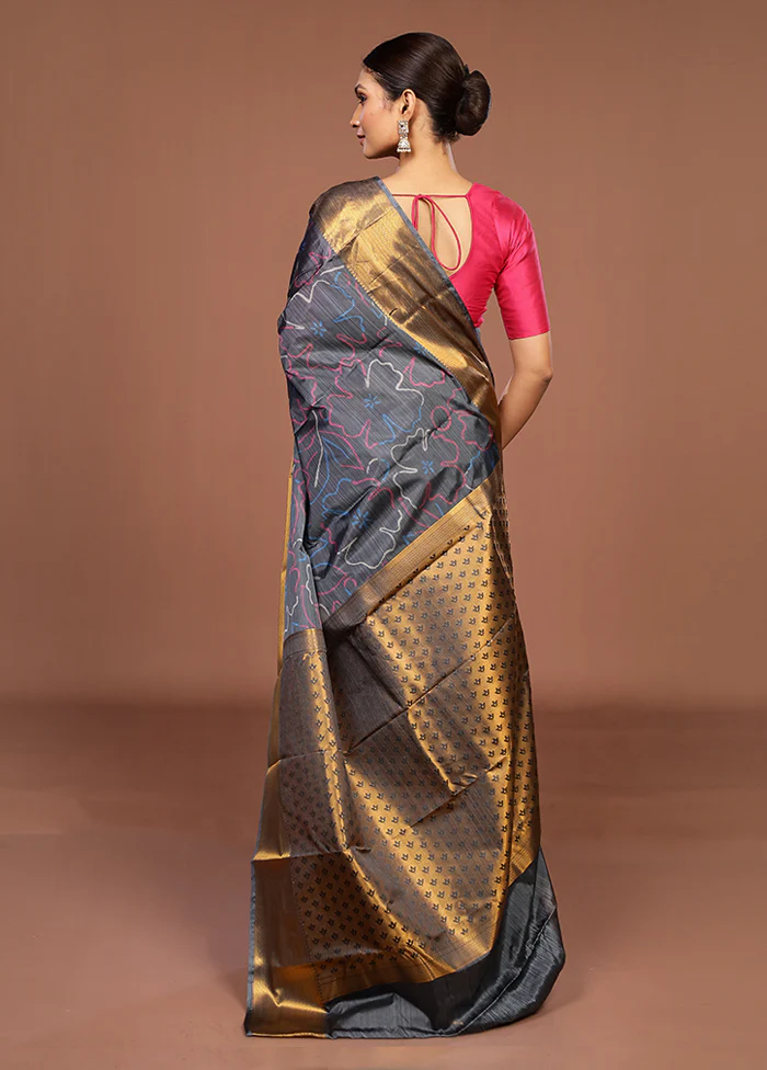 Black Kanjivaram Silk Saree With Blouse Piece - Image 3
