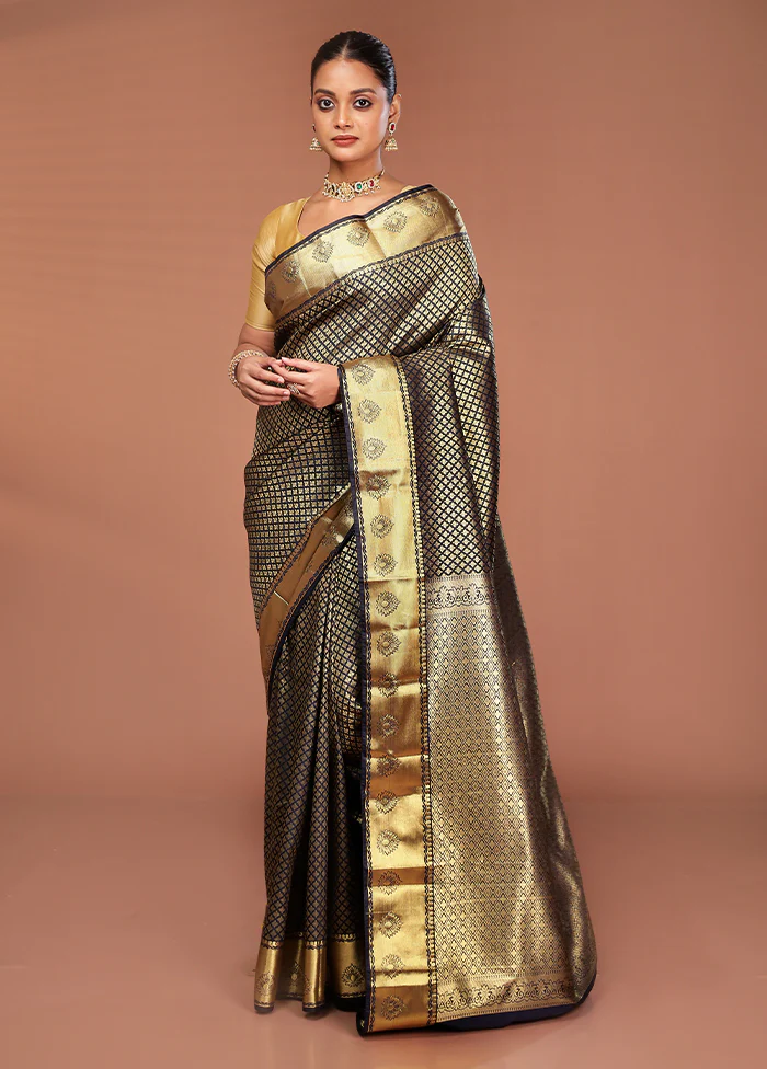 Black Kanjivaram Silk Saree With Blouse Piece - Image 2