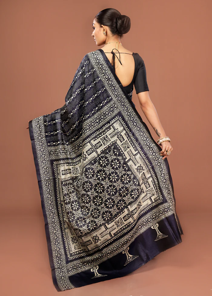 Black Kantha Stitch Pure Silk Saree With Blouse Piece - Image 3