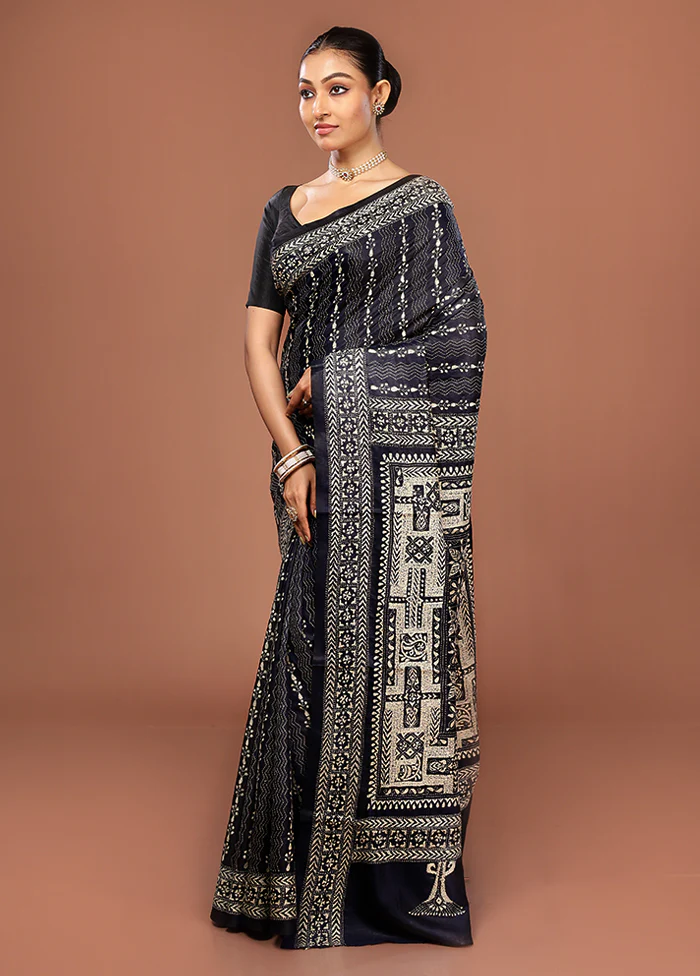 Black Kantha Stitch Pure Silk Saree With Blouse Piece - Image 4