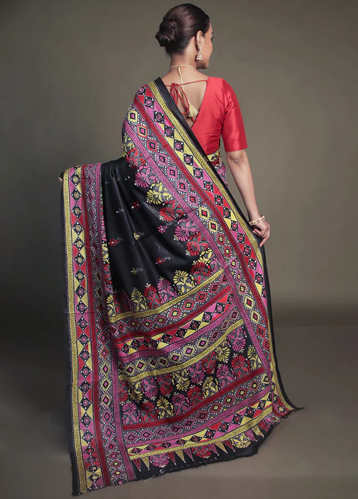 Black Kantha Stitch Silk Saree With Blouse Piece - Image 3