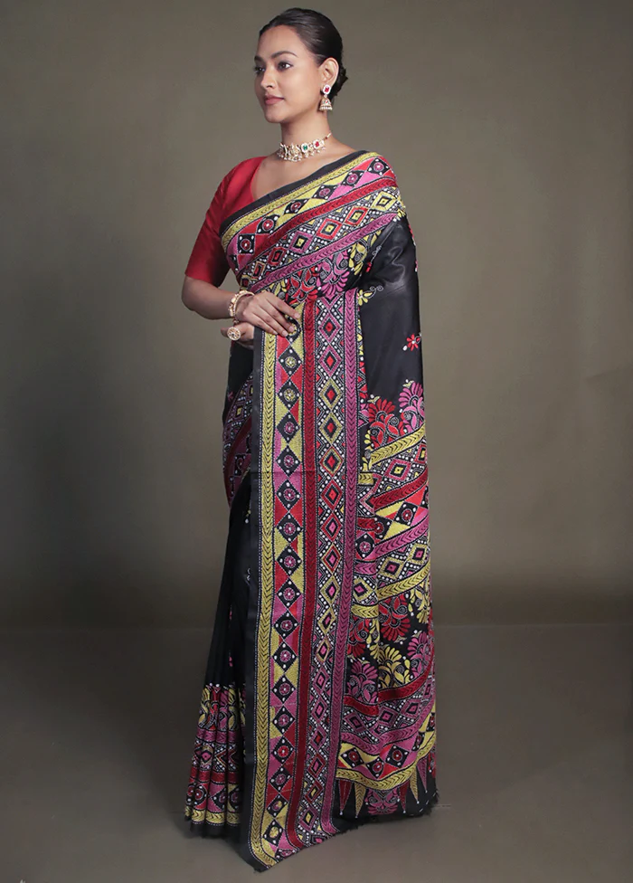 Black Kantha Stitch Silk Saree With Blouse Piece - Image 4