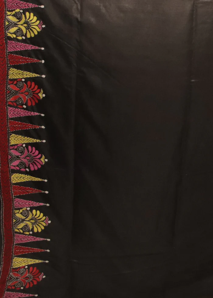 Black Kantha Stitch Silk Saree With Blouse Piece - Image 5